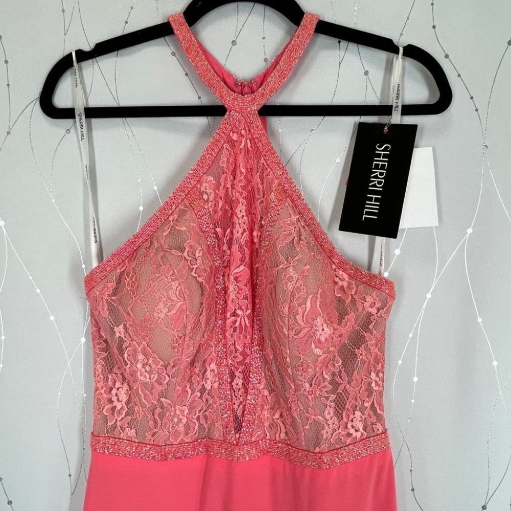 NWT Sherri Hill 50998 Coral Pink Lace Formal Gown $498 - Picture 7 of 12